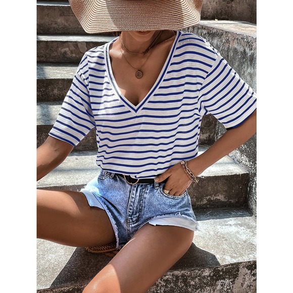 Classic preppy Striped V Neck Tee shirt top white black - Picture 4 of 11